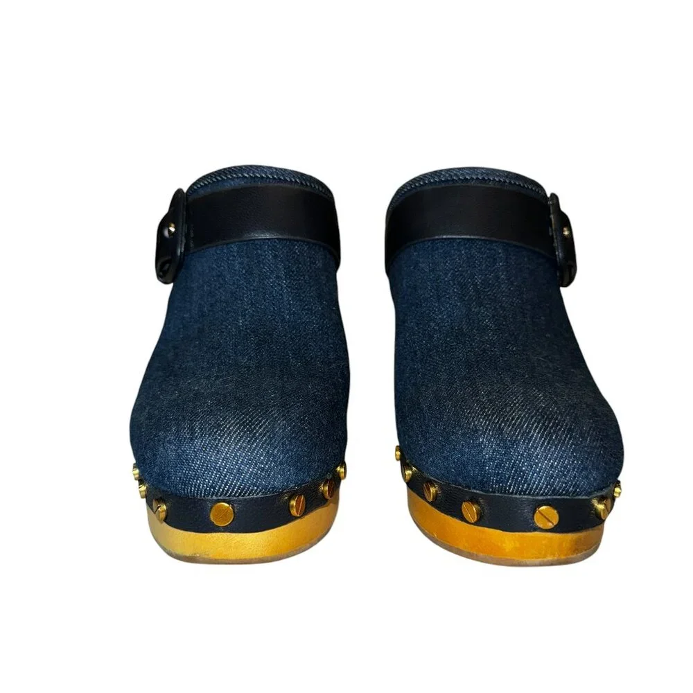 Like new Veronica Beard Dacey Denim & Navy Blue Leather Buckle Clogs Siz… - Picture 6 of 8